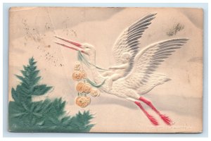 1908 Baby Riding Stork Postcard Embossed 