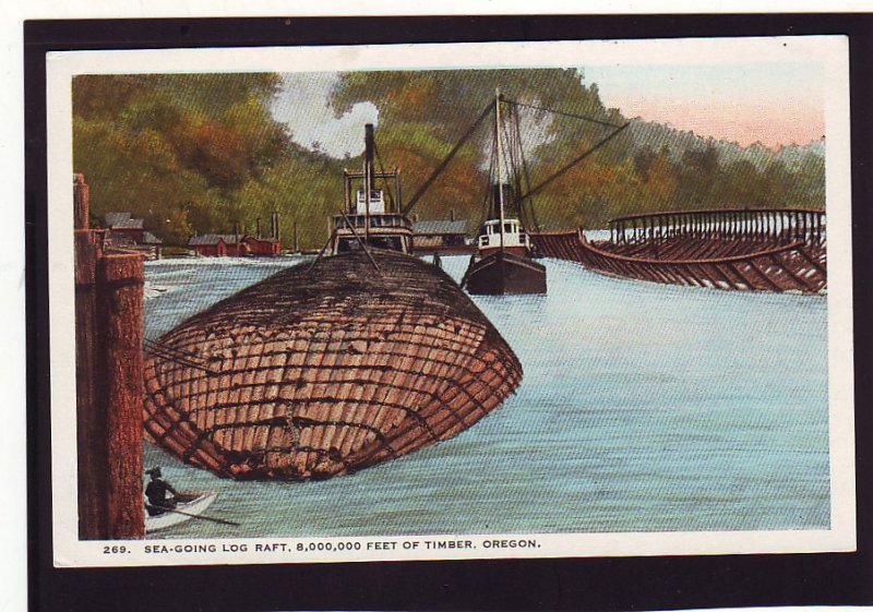 P1639 old postcard sea going log raft of 8,000,000 feet of timber, 2 boats harbo