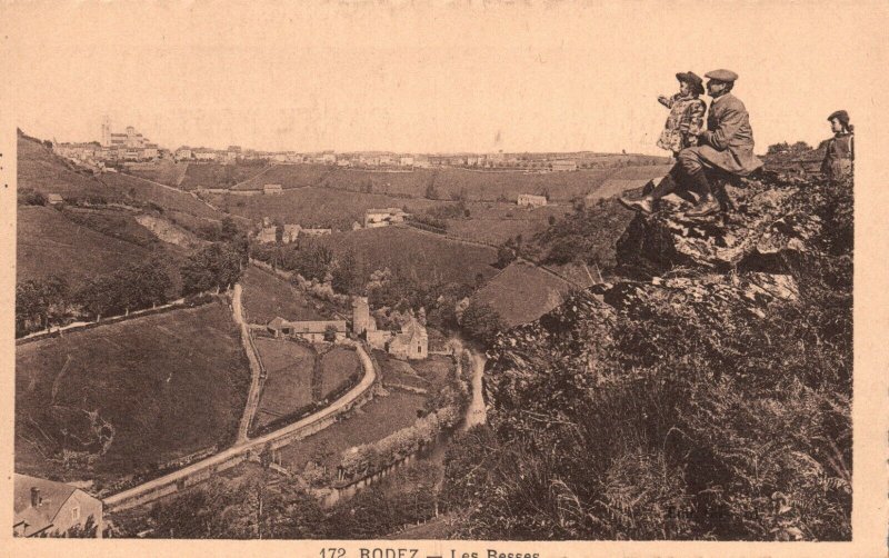 Vintage Postcard 1910's Rodez Les Besses France Man & Child Admiring Town View