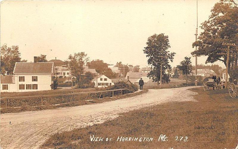 Approach to Harrington ME Dirt Street Horse & Wagon RPPC Postcard