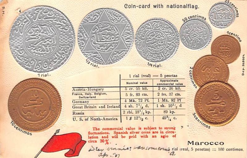 Marocco Coin  corner wear, ripples in card,  does not lay flat