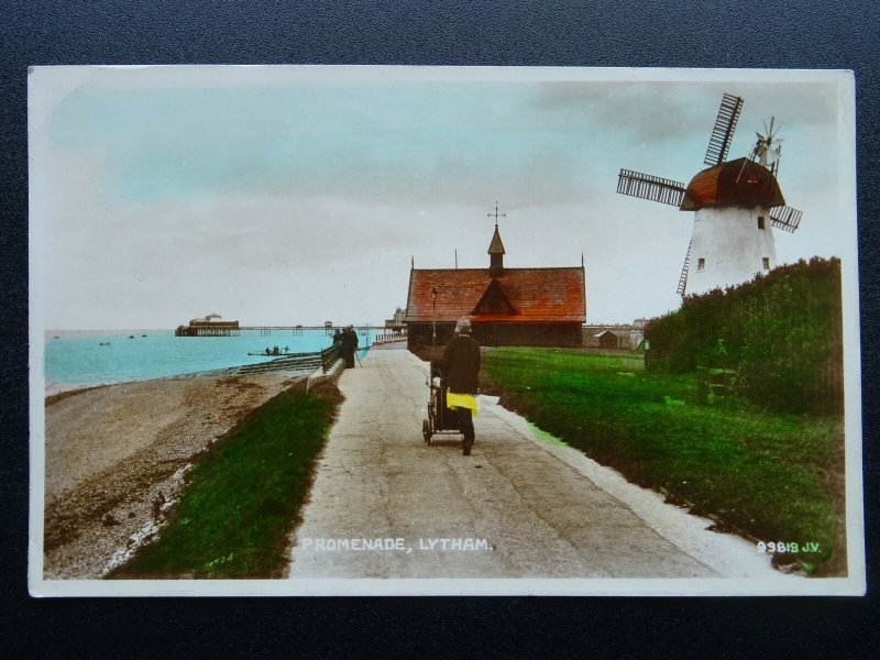 Blackpool LYTHAM Promenade shows WINDMILL & PIER c1925 RP Postcard by Valentine