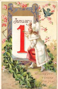 New Year January 1st Girl & Bird W/ Flowers, Large Number Vintage PC U9039