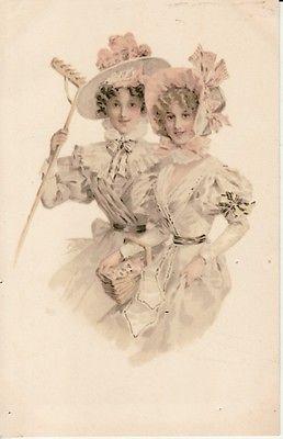 Art -- 2 PRETTY LADIES, 1 holding a Rake, Flowers, postcard