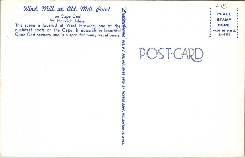 Wind Mill Old Mill Point Cape Cod West Harwich Massachusetts MA VTG Postcard UNP