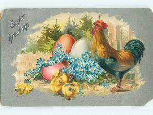 Divided-Back easter tuck COLORFUL ROOSTER WITH CHICKS & FLOWERS r3473