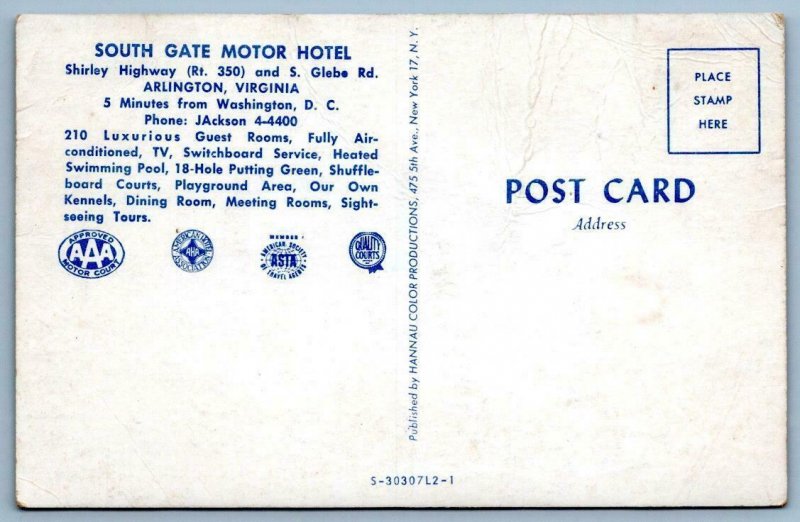 ARLINGTON VIRGINA VA SOUTH GATE MOTOR HOTEL SHIRLEY HIGHWAY GLEBE ROAD 1950's