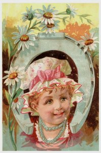 1880's Lovely Girl Bonnet Daisies Horseshoe Victorian Trade Card P102