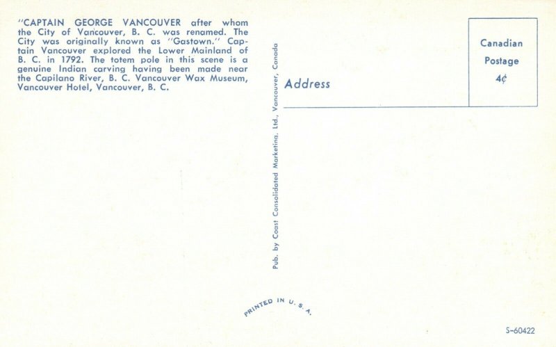 Captain George Vancouver City of Vancouver B.C. Gastown Vintage Postcard