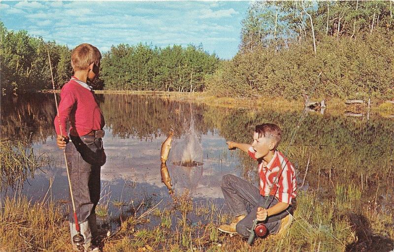 New York~St Lawrence River Valley Scene~Boys Fishing~Fish Jumping in Water~1950s