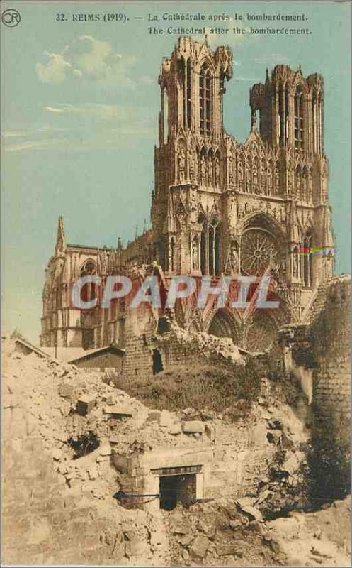 Old Postcard Rheims (1919) The Cathedral after the bombing Army