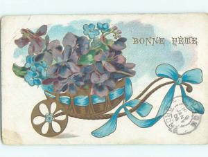 1906 foreign VIOLET AND FORGET-ME-NOT FLOWERS IN LITTLE WHEELBARROW HL7338