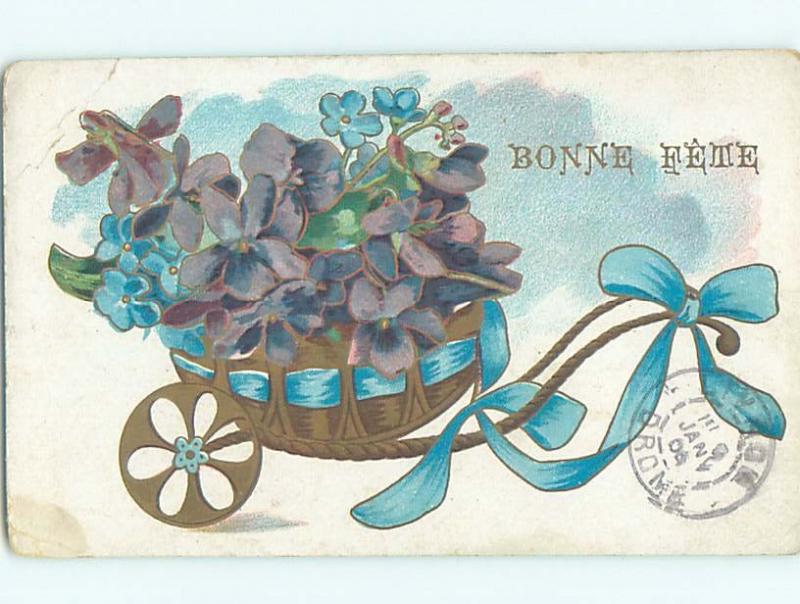 1906 foreign VIOLET AND FORGET-ME-NOT FLOWERS IN LITTLE WHEELBARROW HL7338