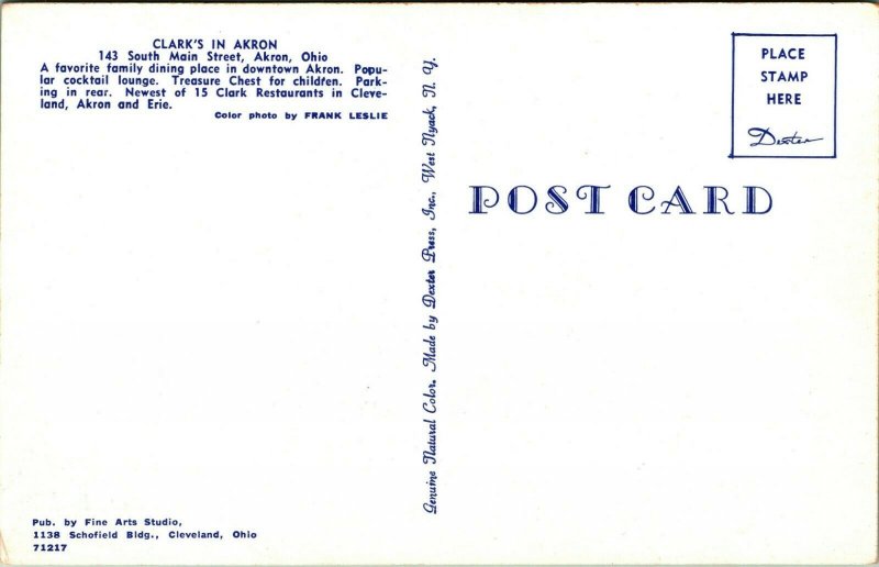 Akron Ohio Oh Clark's Ristorante Interno Pubblicità Vtg Cromo Cartolina Unp