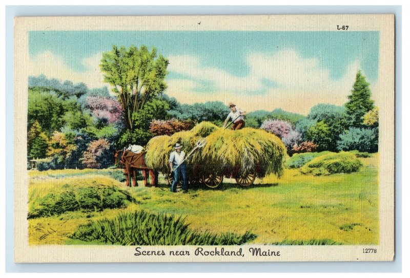 c1930's Barnhay, Plow, Horse Carriage, Grasses Scenes Near Rockland ME Postcard 