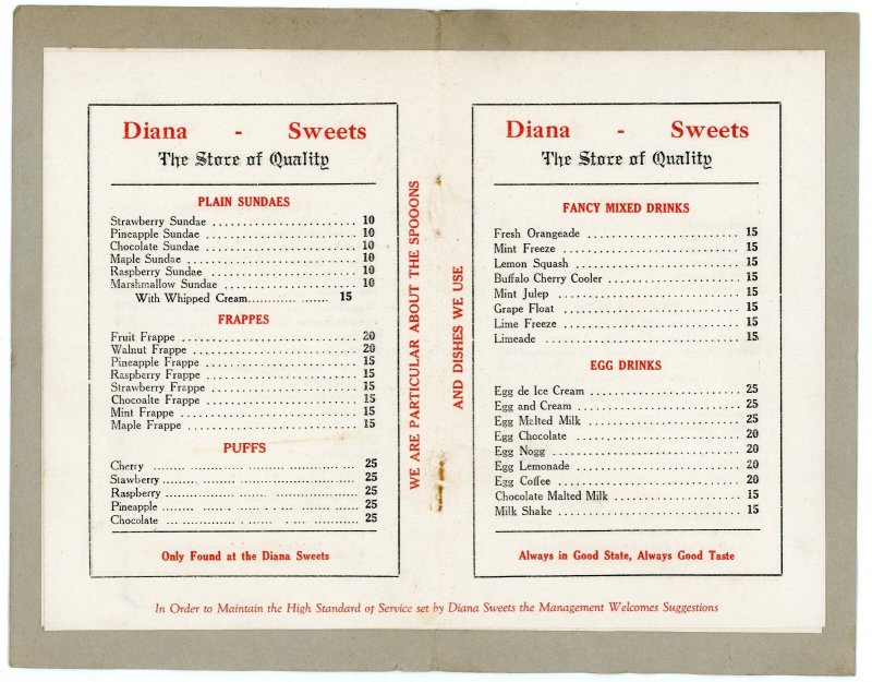1928 Diana Sweets Candy & Drinks Menu St. Catherine Canada #7E