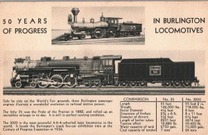 VINTAGE POSTCARD 50 YEARS OF PROGRESS BURLINGTON LOCOMOTIVES INFO CARD