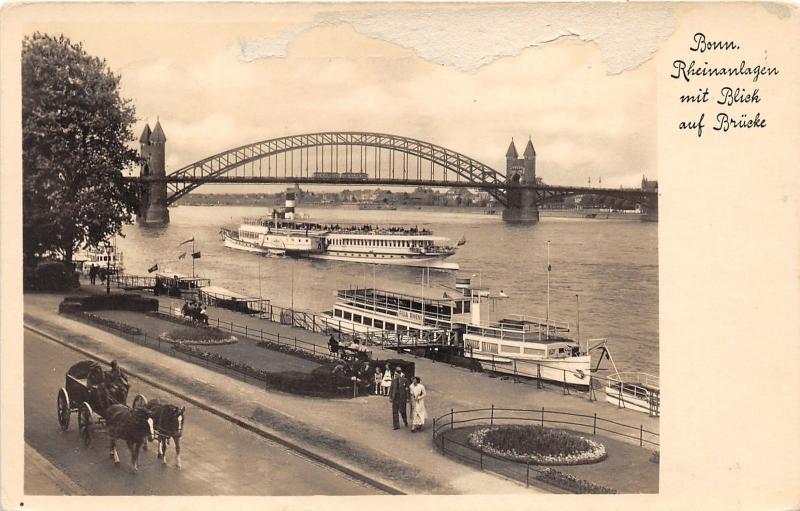 Bonn Germany~Rheinanlagen~Rhine River~Ships~Bridge~Filla Rheni Boat~RPPC