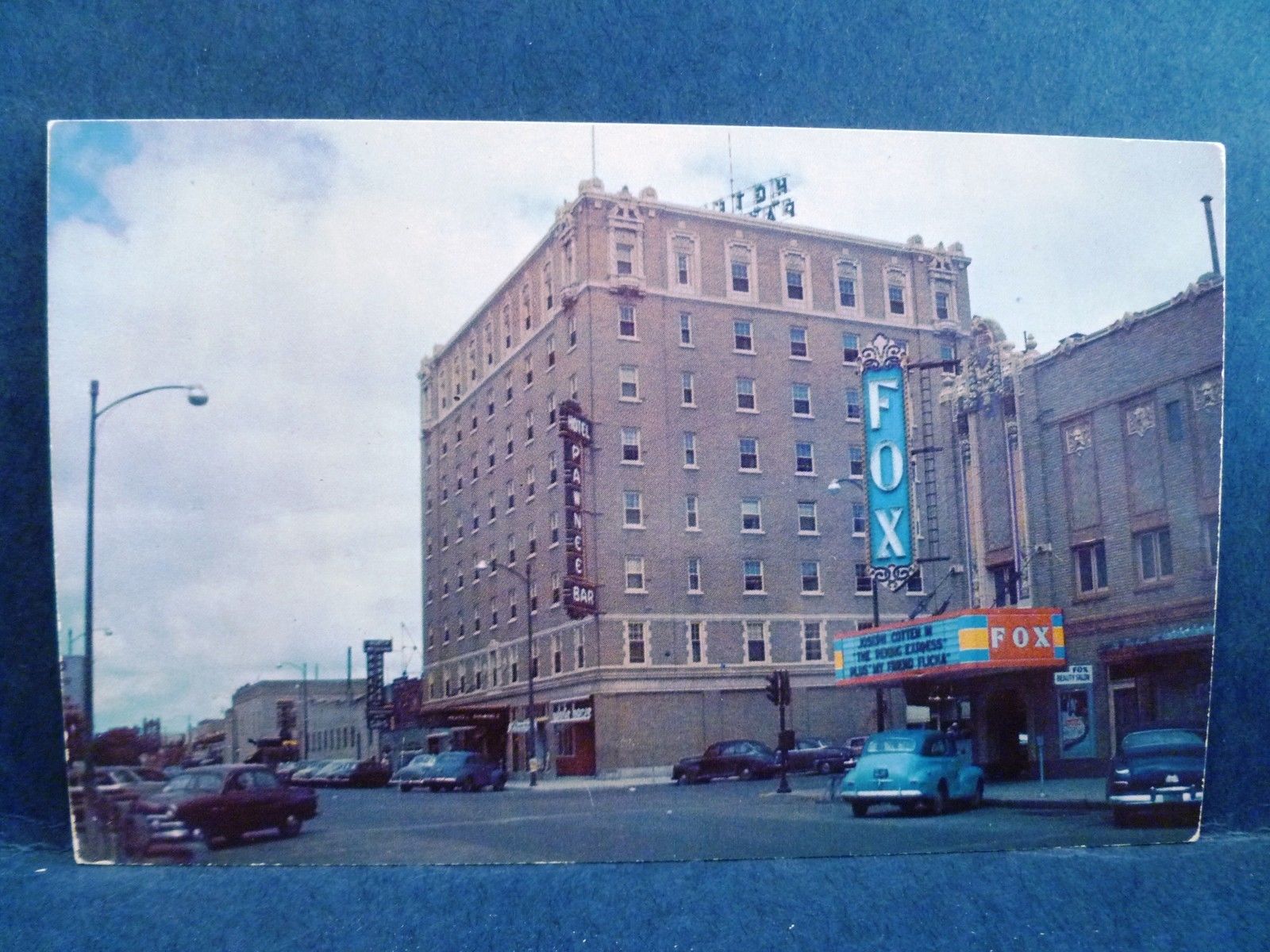 Postcard NE North Platte 1950's Street View Fox Theatre & Pawnee Hotel