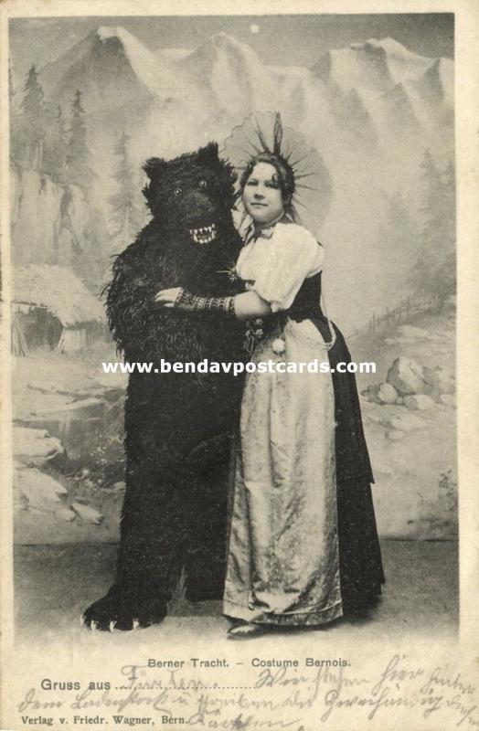 switserland, Woman in Bern Costumes with Brown Bear, Berner Tracht (1903)