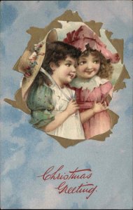 Christmas Children Girls with Fancy Hats Embossed c1910s Postcard