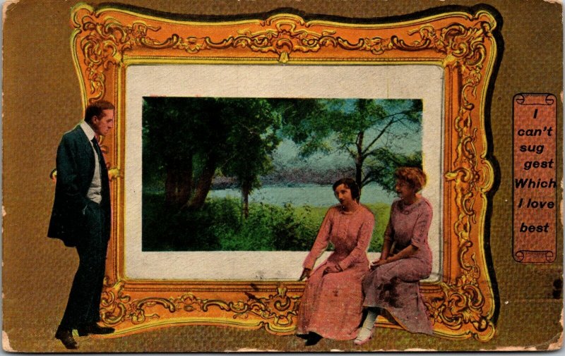 Vintage 1913 Post Card I CAN'T SUGGEST WHICH I LOVE BEST Man 2 Women Painting  