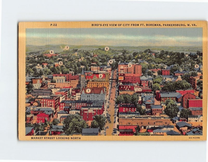 Postcard Market Street Looking North Birds Eye View Of City Parkersburg WV USA