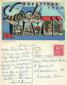 LOCK HAVEN PA GREETINGS 1952 VINTAGE POSTCARD