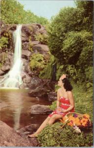 postcard Island Girl with flowers admiring waterfall Union Oil 76 Gas See Hawaii