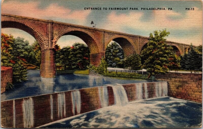 Entrance Fairmount Park Philadelphia PA Pennsylvania Linen Postcard PM Cancel