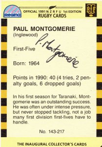 Paul Montgomerie Taranaki NZ Rugby Team 1991 Hand Signed Card Photo