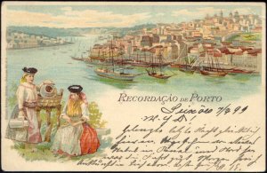 portugal, PORTO, Panorama with Ships, Costumes (1899) Stamp