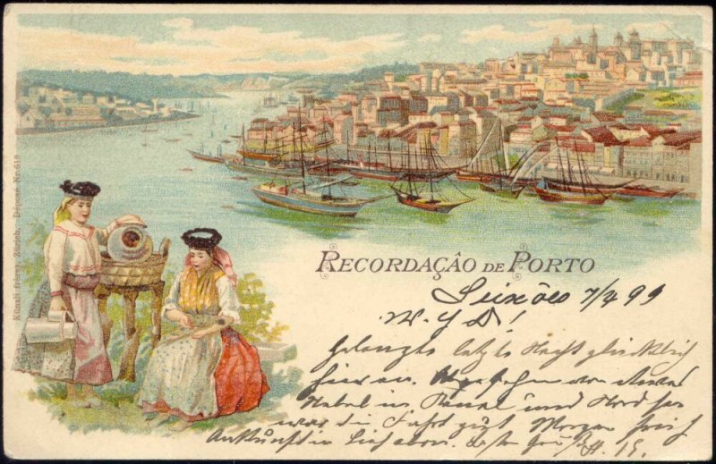 portugal, PORTO, Panorama with Ships, Costumes (1899) Stamp