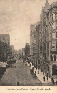 Vintage Postcard First Avenue From Pioneer Square Busy Street Seattle Washington