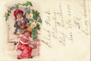 Early 1904 chromo litho children couple trumpeter boy early postcard