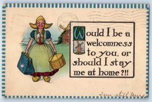 1913 Dutch Woman Would I Be As Welcomness To You Windmill Waterbury CT Postcard
