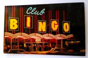 Club Bingo Postcard Las Vegas Nevada Neon Lights Sign Old Cars Cab Chrome Unused