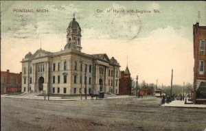 Pontiac Mich MI Huron and Saginaw Street Trolley c1910 Vintage Postcard