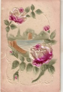 Roses in landscape Nice old vintage embossed postcard