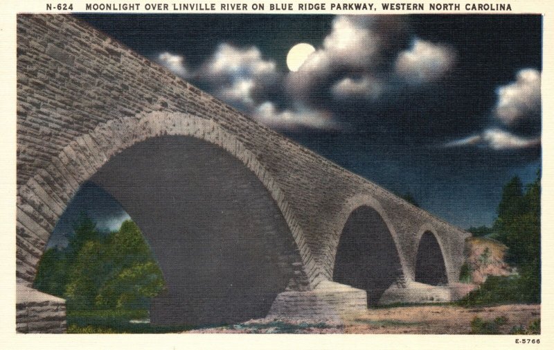 Moon Linville River Blue Ridge Parkway W. North Carolina Vintage Postcard 1920s