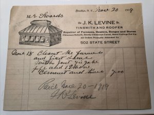 1919 J. K. LEVINE TINSMITH & ROOFER Furnace Heater Brooklyn NEW YORK Letterhead