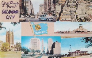 Oklahoma City OK, Multiview Greetings, Cars, Flag, Airport, 1955-65, Capital