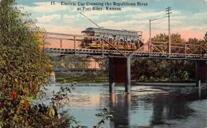 Postcard Electric Car Crossing the Republican River at Fort Riley, Kansas~130008