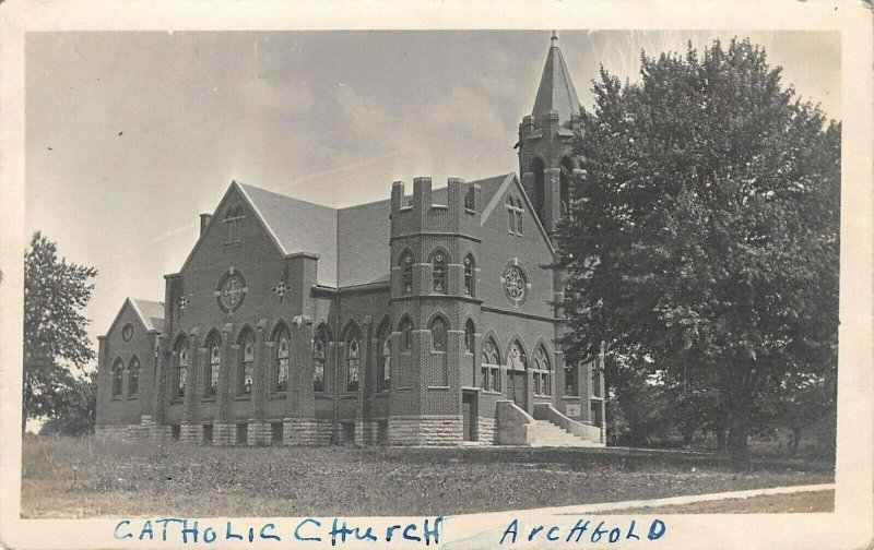 Archbold OH~Roman Catholic Church~Corner Tower w/Battlements~RPPC c1917 Postcard 