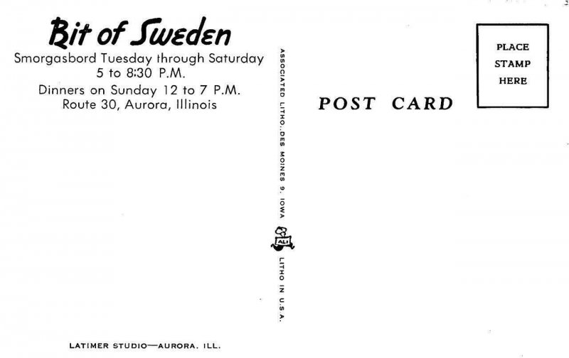 AURORA, Illinois IL   BIT OF SWEDEN SMORGASBORD  Roadside Restaurant  Postcard