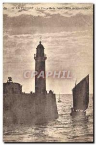 Old Postcard Lighthouse Treport Lighthouse pier effect against the day boat