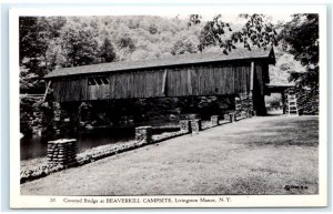 RPPC LIVINGSTON MANOR, NY ~ Covered Bridge BEAVERKILL CAMPSITE 1948 Postcard 