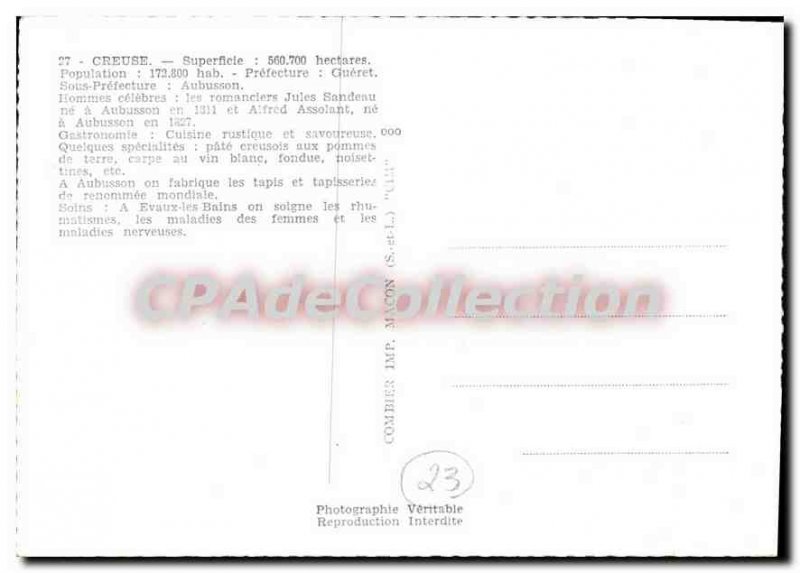 Postcard Modern Creuse Aubusson Area Population