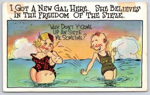 I Got A New Gal Here, Lady & Guy Beach Bathing Ocean, Comic, Vintage Postcard