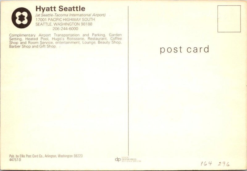 Seattle, WA Washington HYATT HOTEL~Seattle-Tacoma Airport POOL VIEW 4X6 Postcard